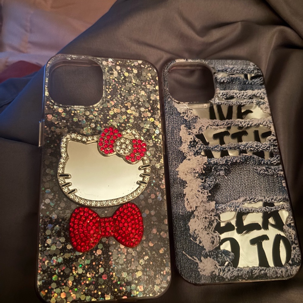 Hello Kitty Sparkle iPhone 15 Case and a jeans type iPhone 15 case